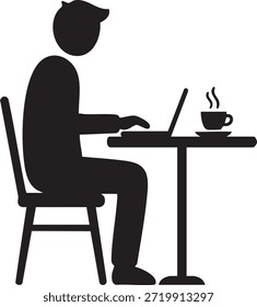 Nómada digital sentado en la mesa del café con el ordenador portátil y las siluetas del café aisladas en el fondo blanco