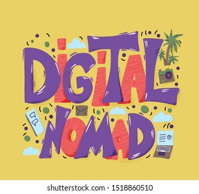 Digital nomad text emblem with decor. Feelance. Vector illustration.