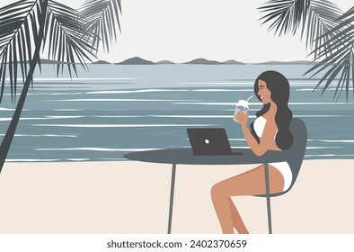 Digital nomad, travel and work, remote job, freelancers lifestyle, woman working online while travelling on beach vector illustration