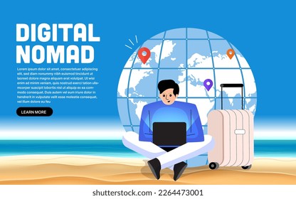 Digital nomad. Vector illustration.Freelance work, Cartoon vector illustration in flat design. Travel and work, remote job, freelancers lifestyle, working abroad with laptop.