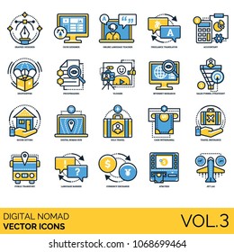 Digital Nomad Volume 3: Icons included graphic designer, freelance translator, vlogger, public transport, accountant, digital nomad hub, internet research, sales funnel strategist & etc.