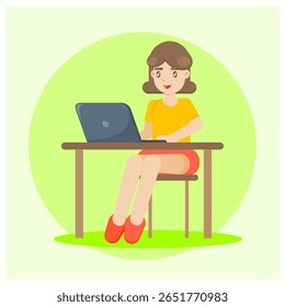 Digital nomad woman working with her laptop in the room