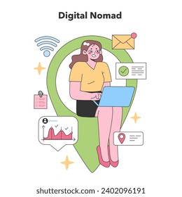 A digital nomad woman works online, showcasing mobile productivity and remote work flexibility, symbolized by Wi-Fi and email icons. Flat vector illustration.