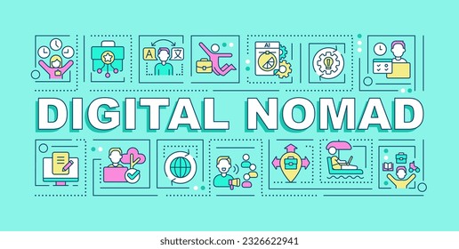 Digital nomad word concepts light blue banner. Remote work. Infographics with editable icons on color background. Isolated typography. Vector illustration with text. Arial-Black font used