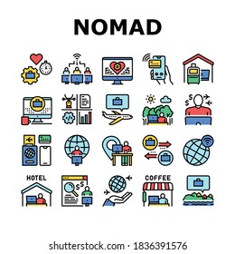 Digital Nomad Worker Collection Icons Set Vector. Freelancer Nomad Remote Work And Traveling, Working In Hotel And Coffee Cafe Concept Linear Pictograms. Color Contour Illustrations