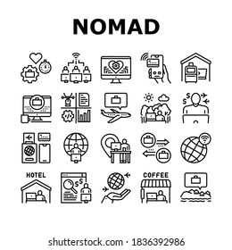 Digital Nomad Worker Collection Icons Set Vector. Freelancer Nomad Remote Work And Traveling, Working In Hotel And Coffee Cafe Black Contour Illustrations