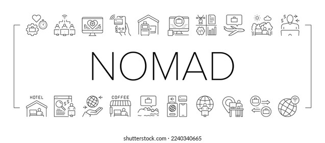 Digital Nomad Worker Collection Icons Set Vector. Freelancer Nomad Remote Work And Traveling, Working In Hotel And Coffee Cafe Black Contour Illustrations