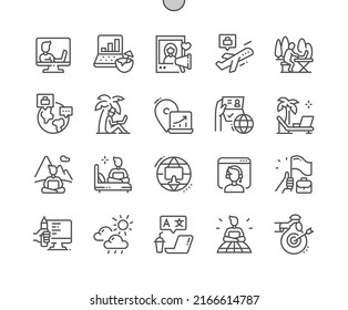 Digital Nomad Worker. Freelancer, Influencer, Copywritter. Remote Work And Traveling. Pixel Perfect Vector Thin Line Icons. Simple Minimal Pictogram