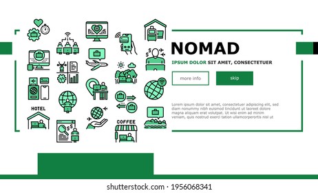 Digital Nomad Worker Landing Web Page Header Banner Template Vector. Freelancer Nomad Remote Work And Traveling, Working In Hotel And Coffee Cafe Illustration