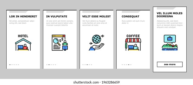 Vector de pantalla de la página de aplicación móvil del trabajador de nómadas digitales en el tablero. Trabajos Y Viajes A Distancia De Nómada, Trabajando En Ilustraciones De Cafetería Y De Hotel