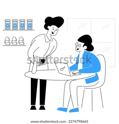 Digital nomad working in coffee shop. Man working on laptop in cafe served drink by watress vector illustration