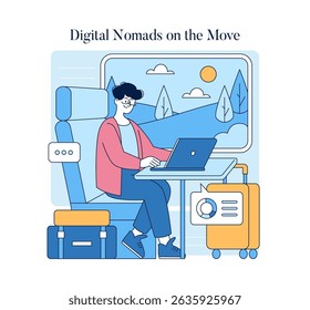 Nômada digital trabalhando em um laptop em um trem com vistas panorâmicas da montanha do lado de fora da janela.