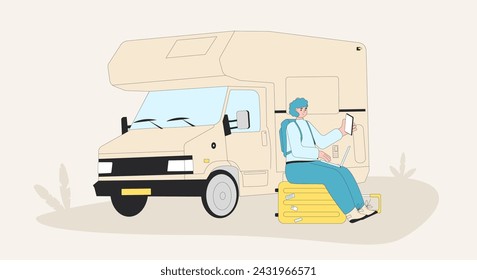 Digital nomad working on the road. Caravan, camper trailer with person. Vector flat illustration.