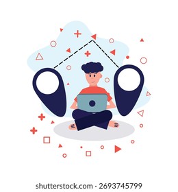 Nômade digital trabalhando remotamente em um notebook com pinos de mapa e ícones de rota de viagem.Ilustração vetorial plana representando estilo de vida autônomo, trabalho remoto, liberdade de viagem e conectividade global,