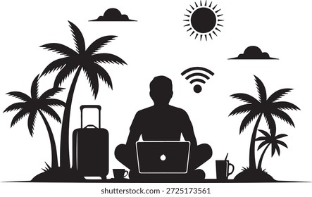 Digital Nomad Trabalhando Remotamente na Silhueta de Praia Tropical