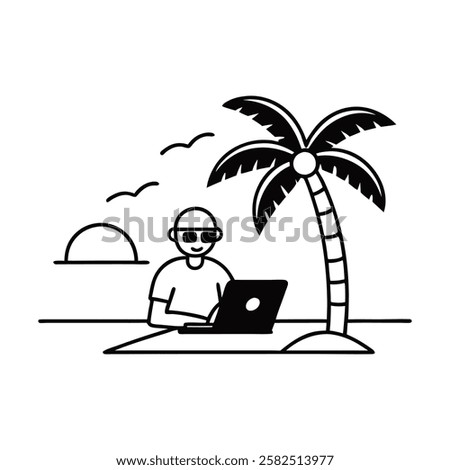 A digital nomad working from a tropical beach, using a laptop under a shaded palm tree, with the ocean in the background