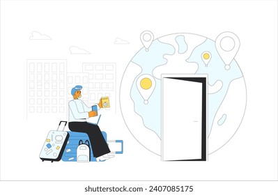 Digital nomad. Young woman sitting on the suitcase and working with laptop waiting for a flight. Business trip abroad. Occupational migration. Vector illustration.