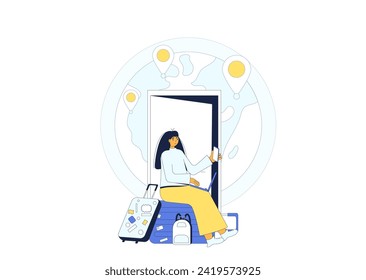 Digital nomad. Young woman sitting on the suitcase and working with laptop online waiting for a flight. Business trip abroad. Vector illustration.