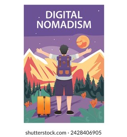 Digital Nomadism: Vector Design Illustrating Remote Work, Freelancing, Travel, and Location Independence, Ideal for Web and Print!