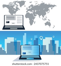 Digital nomads. Banner. Working online, freelancing, education background. Vector illustration