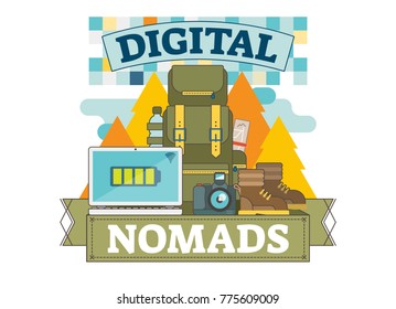 Digital nomads concept illustration, vector logo badge