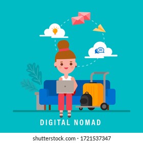 Ilustración conceptual de nómadas digitales. Adulto joven trabajando con ordenador portátil mientras viaja. Caricatura de diseño plano vectorial.