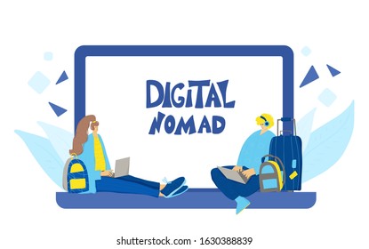 Digital nomads emblem. Smiling persons sitting at laptop and working. Young freelancers doing their job in different places. Man and woman browsing on internet with text. Vector flat illustration.