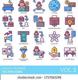 Digital nomads icons including accommodation, accountant, affiliate marketer, air quality, ATM fee, B2B, B2C, blogger, business automation, development, campaign optimization, cash withdrawal, content