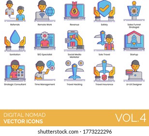 Digital nomads icons including referral, remote work, revenue, safety, SEO specialist, social media marketer, solo traveler, startup, strategic consultant, time management, travel hacking, insurance.