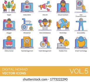 Digital nomads icons including vegan, video editor, virtual assistant, vlogger, wheelchair, work-life balance, world map, accessibility, online career, task, cash management, flexible time.