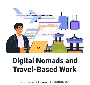 Digital nomads travel work concept man with laptop airplane luggage calendar Asian architecture vibrant colors web design