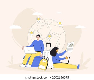 Digital nomads. Young woman and man sitting with their baggage and working with laptops.  Freelancers. Filled line vector illustration.