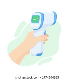 Digital non-contact infrared thermometer in hand doctor. Medical thermometer measuring body temperature. Vector flat design. Isolated white background. Prevention of coronavirus disease 2019-nCoV.