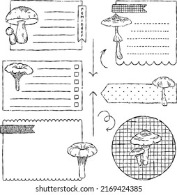 Papeles de notas digitales y stickers para el periodismo o la planificación digital de balas. Se ponen hongos vectoriales dibujados a mano. Llanto. Listo para usar notas pegajosas en blanco.