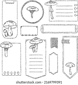 Digital note papers and stickers for digital bullet journaling or planning. Hand drawn vector mushrooms set. Line lart. Ready to use blank sticky notes.