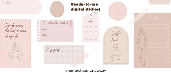 Digital note papers and stickers for digital bullet journaling or planning. Digital stickers for digital planner. Hand drawn beautiful young girls. Minimal style. Vector art.