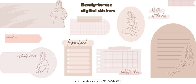 Digital note papers and stickers for digital bullet journaling or planning. Digital stickers for digital planner. Hand drawn beautiful young girls. Minimal style. Vector art.