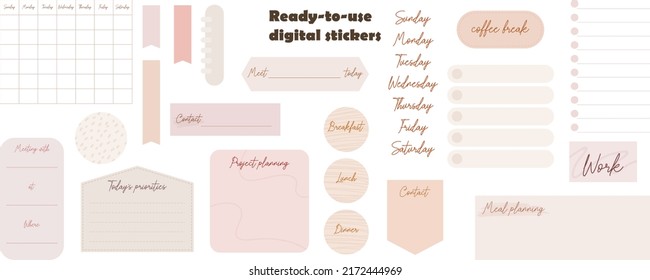 Digital note papers and stickers for digital bullet journaling or planning. Ready to use digital stickers for digital planner. Hand lettering. Minimal style. Vector art.