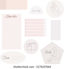Digital note papers and stickers for digital bullet journaling or planning. Ready to use digital stickers for digital planner. Hand lettering. Minimal style. Vector art.