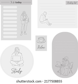 Digital note papers and stickers for bullet journaling or planning. Ready to use digital stickers for digital planner. Hand lettering. Minimal style. Vector art.