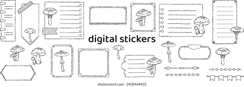 Papeles de notas digitales y pegatinas para el registro o la planificación de balas digitales. Conjunto de hongos vectoriales dibujados a mano. Línea de arte. Listo para usar notas adhesivas en blanco.