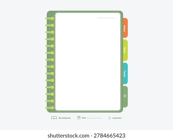 Digital notebook page design featuring a vertical spiral binding and side tabs labeled for notes ideas and tasks management.