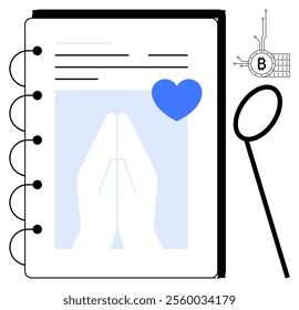 Digital notebook with praying hands, blue heart, and bitcoin symbol beside a magnifying glass. Ideal for technology, finance, cryptocurrency, spirituality, and love themes. Simple, modern, minimalist