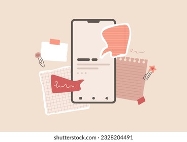 Digital notes concept. Collage with device, torn paper, adhesive tapes, copybook page with copy space, speech bubbles, paper clip. Vector composite illustration. Vintage scrapbook layout. 