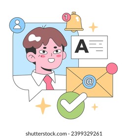 Digital notification concept. Man with webpage elements, new email alert, user profile, and approved tick. Online communication and updates. Flat vector illustration.