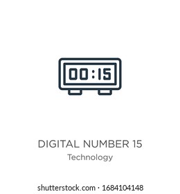 Digital number 15 icon. Thin linear digital number 15 outline icon isolated on white background from technology collection. Line vector sign, symbol for web and mobile