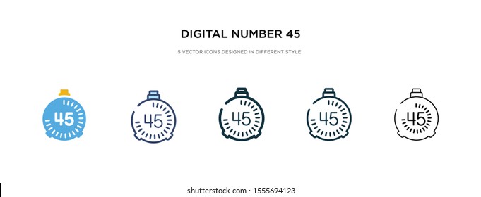 Digitalnummer 45 Symbol in einer anderen Vektorillustration. Zwei farbige und schwarze digitale Zahlen 45 Vektorsymbole, die im Stil von Umrissen, Linien und Schlaganfällen entworfen wurden, können für Web, Mobile,