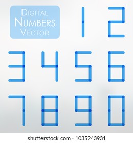 Digital number collection in transparent blue design. Vector illustration of digital numbers from 0 to 9 in blue color.