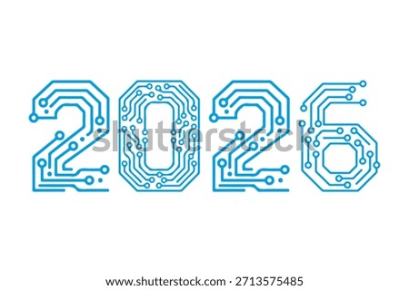 Digital number design for the year 2026, created with a blue electronic circuit board pattern, symbolizing future tech, innovation, and digital trends. Ready in PNG, JPG, and editable EPS formats.