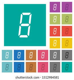 digital number eight of seven segment type multi colored flat icons on plain square backgrounds. Included white and darker icon variations for hover or active effects.